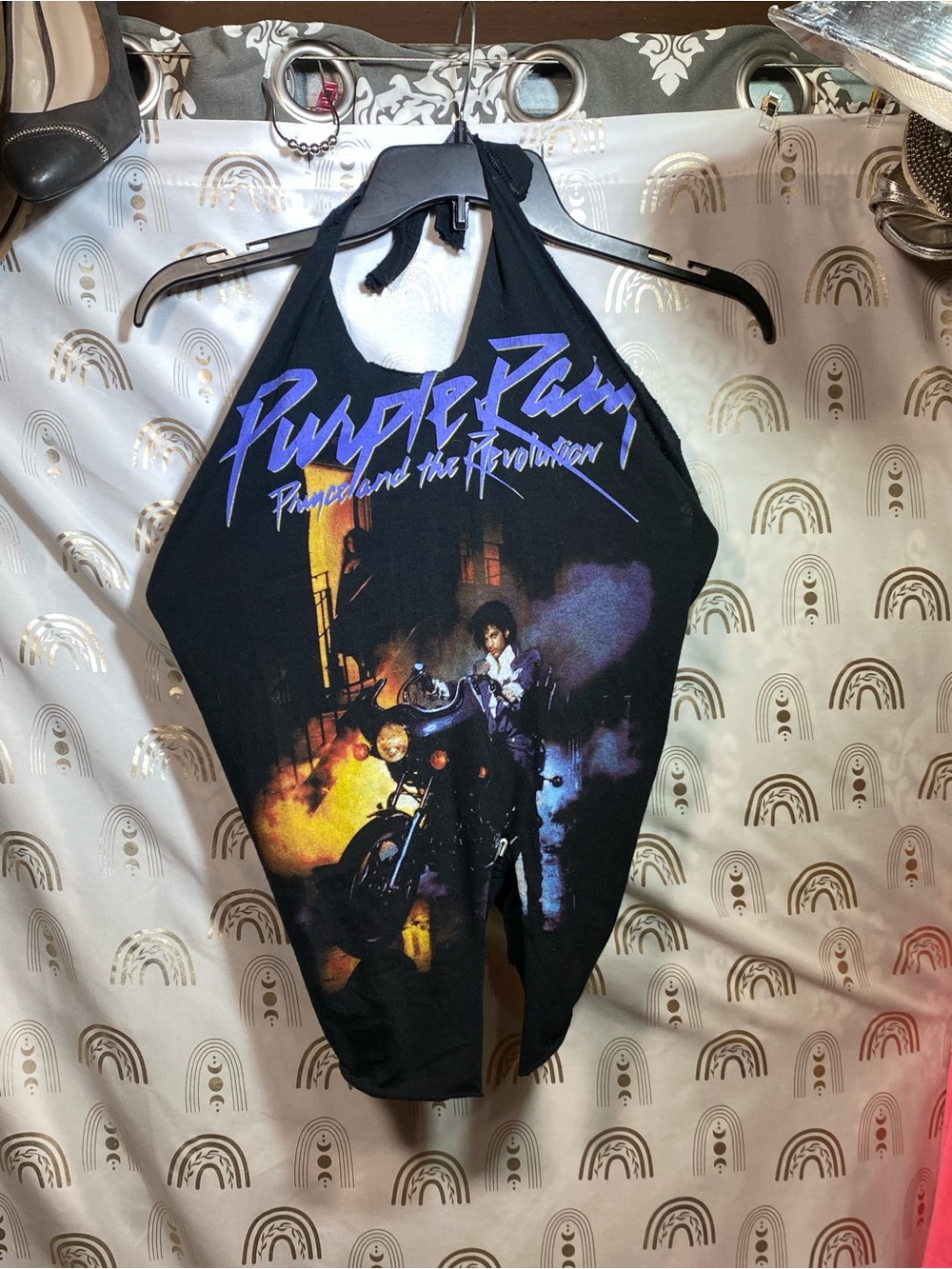 Purple Rain Graphic Halter Top - Black with Purple & Yellow Print UPCYCLED